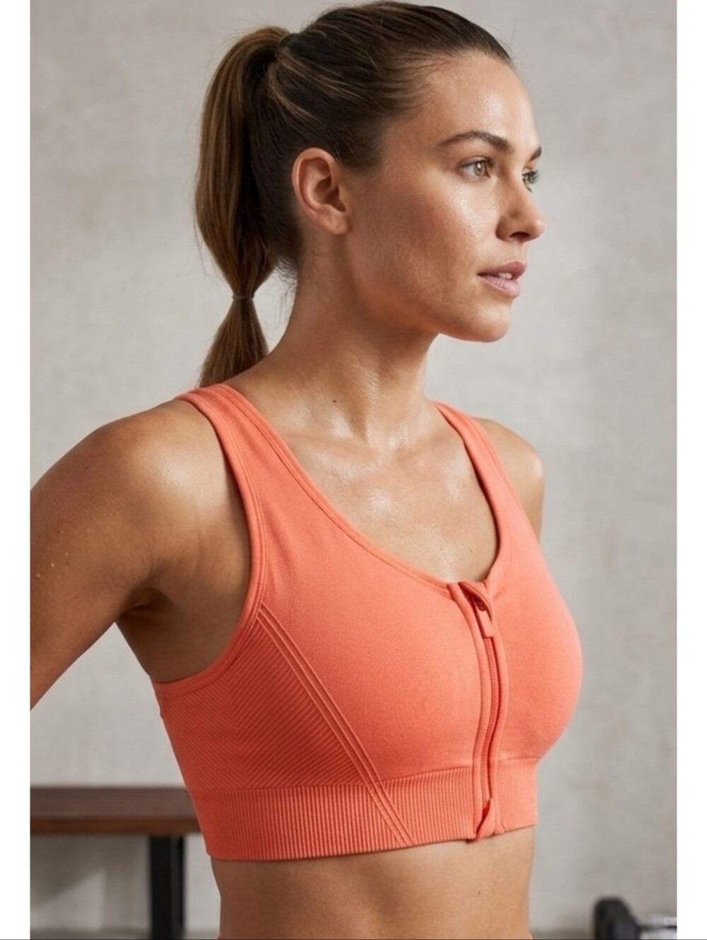 All in Motion Medium Support Zip front Seamless Sports Bra Dark Coral Size XS